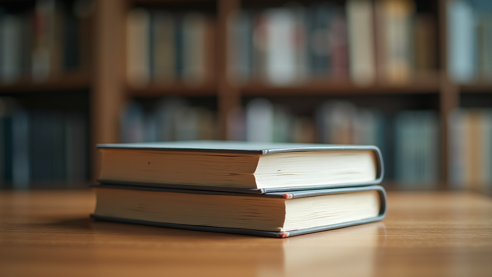Close-up view of a stack of business books on a wooden table