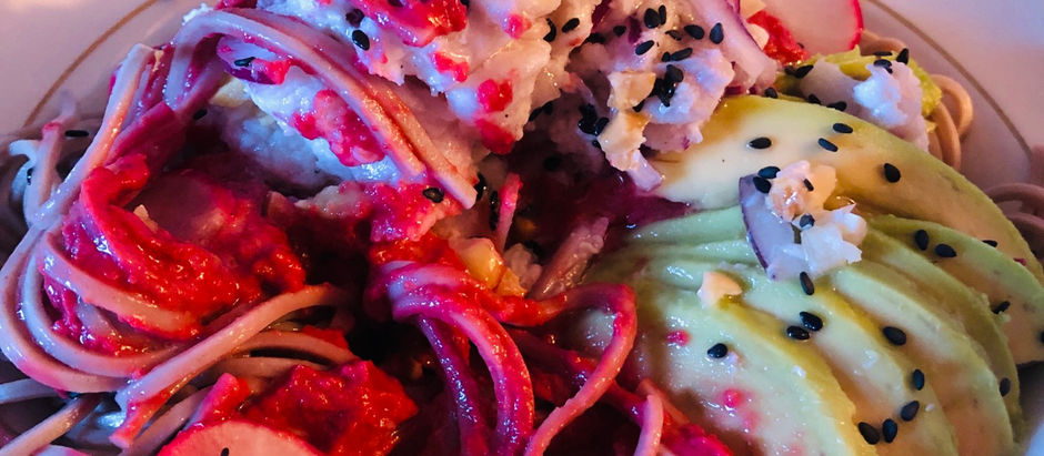 Ceviche de colin · Houmous de Betterave · Soba