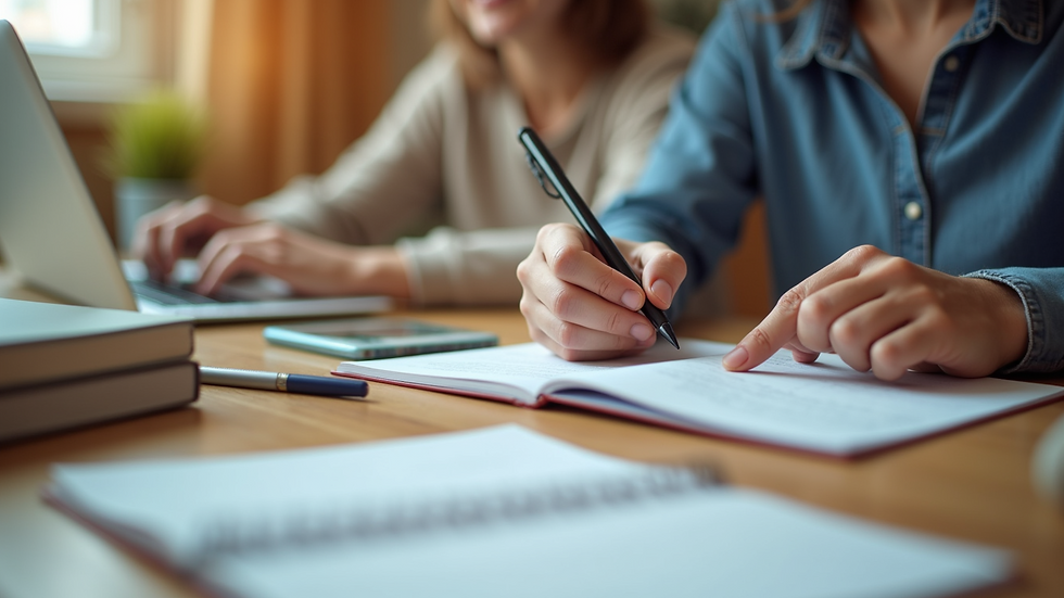 Close-up view of a student’s desk with books, a laptop, and notes