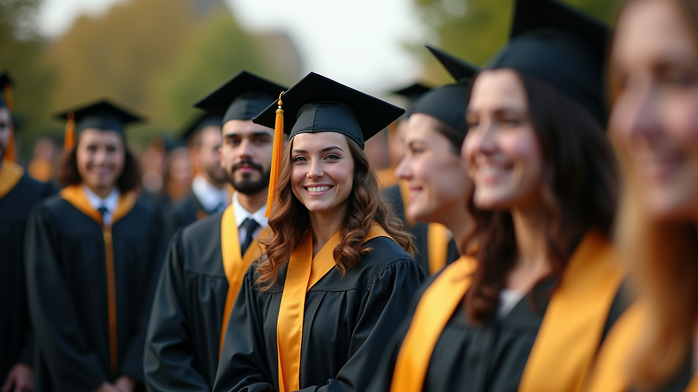 Eye-level view of a diverse group of students celebrating graduation