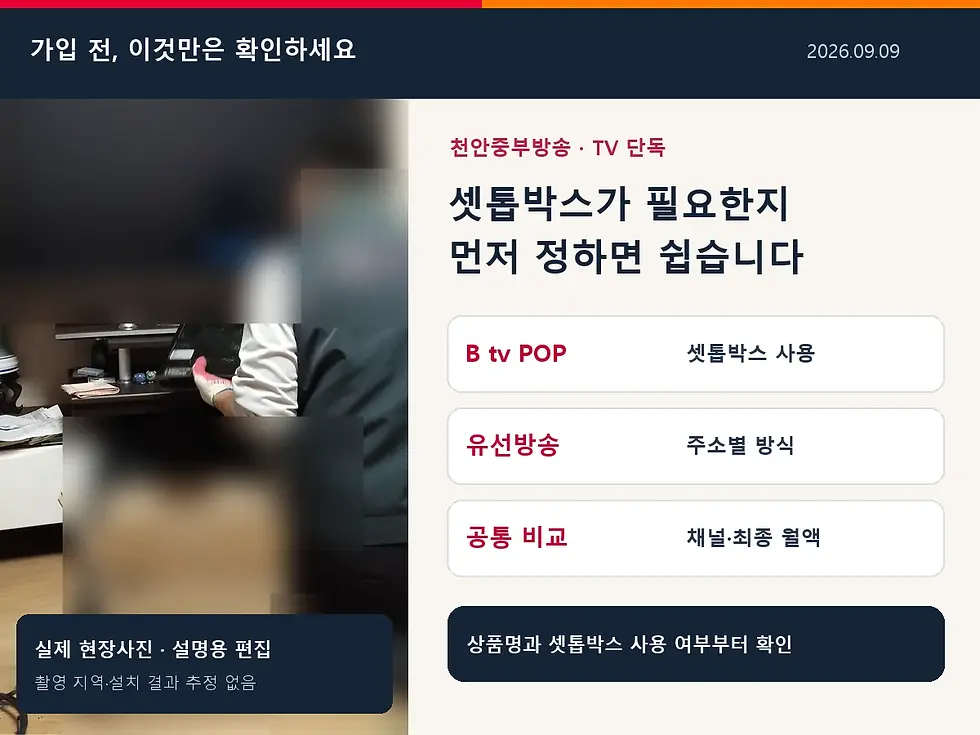 TV와 수신 장비를 준비하는 실제 현장사진에 천안중부방송 인터넷 없는 TV 단독 선택 순서를 정리한 이미지