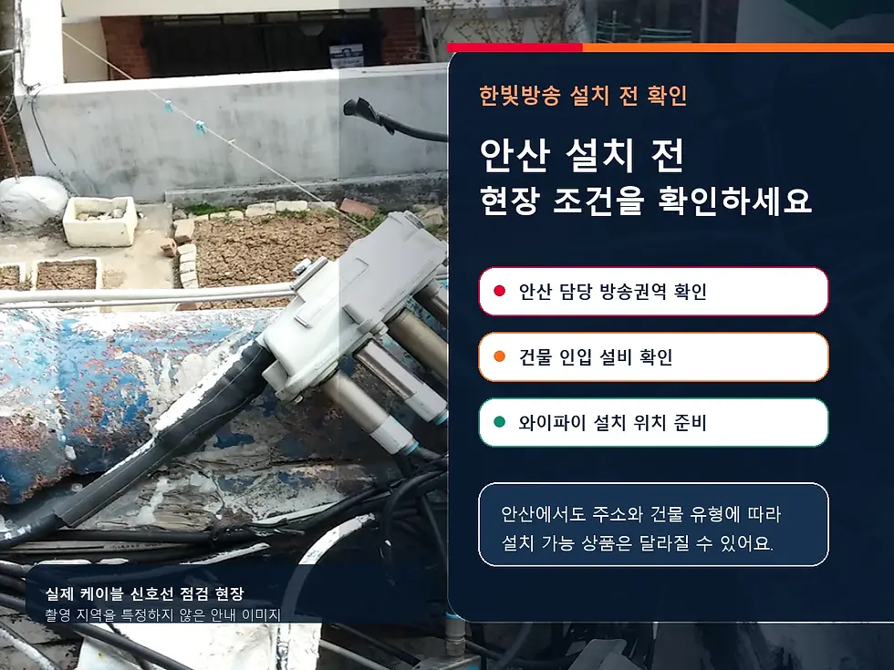 실제 옥상 케이블 분배기와 신호선 현장 위에 안산 한빛방송 설치 전 방송권역, 건물 인입 설비와 와이파이 위치 확인 순서를 정리한 이미지
