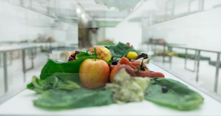 Obst und Gemüse in einer Vitrine