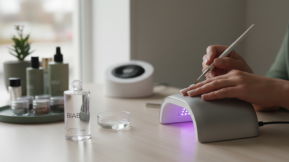 Eye-level view of a nail salon station with BIAB nail tools and UV lamp