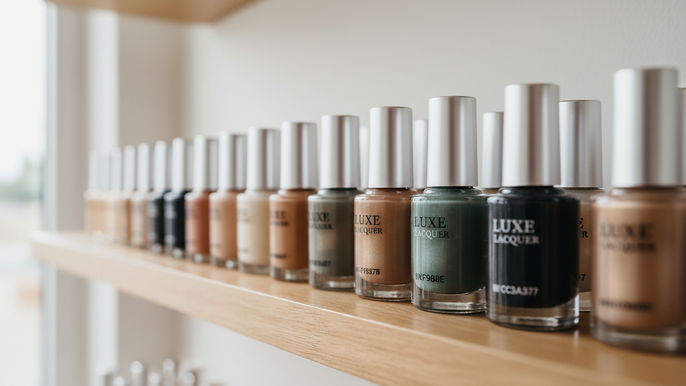 Close-up view of colorful nail polish bottles arranged neatly on a shelf