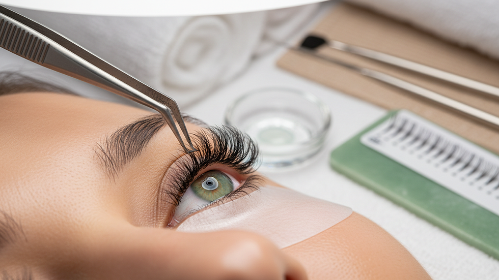 Eye-level view of a beauty salon station with lash extension tools