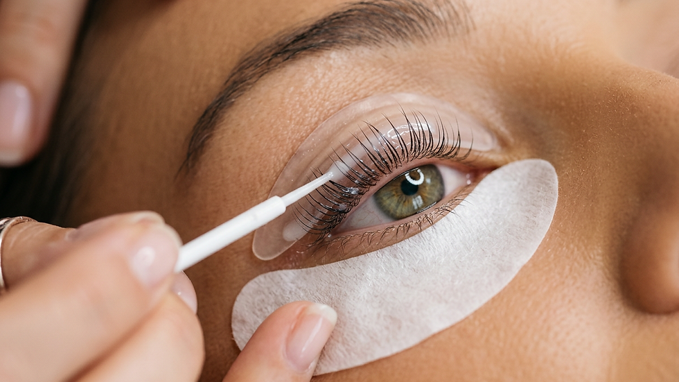 Eye-level view of a beauty technician applying lash lift solution to eyelashes