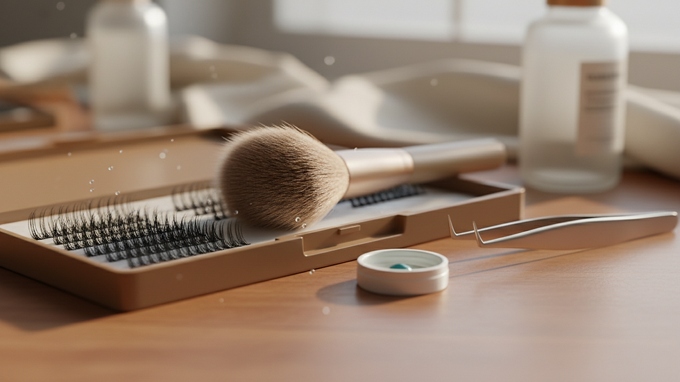 Eye-level view of a makeup brush and eyelash extension kit on a vanity