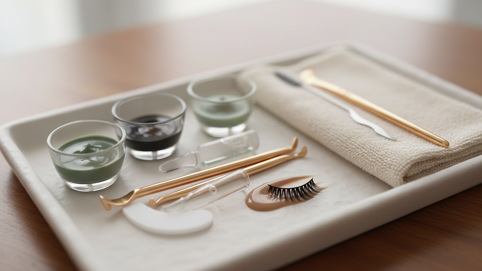 Eye-level view of a clean beauty station with lash lift tools
