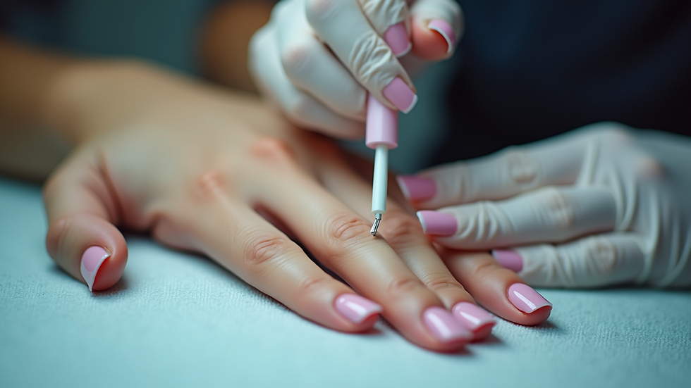 Eye-level view of a nail technician applying BIAB gel on a client’s nails