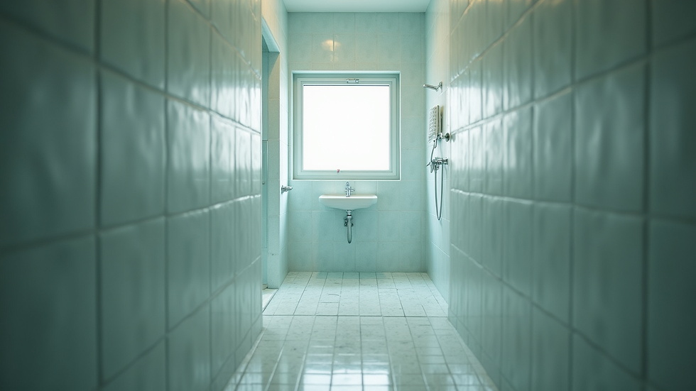 Eye-level view of a bathroom shower with soft lighting