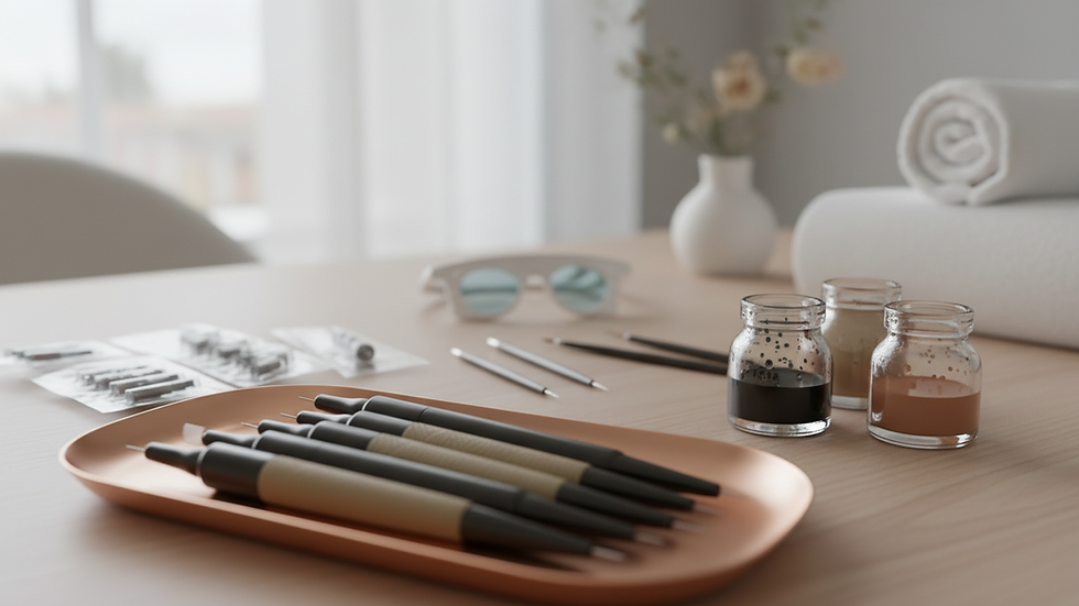 Eye-level view of a beauty studio with permanent makeup tools neatly arranged