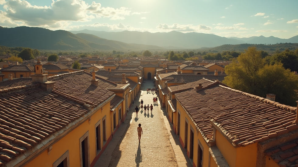 Vista aérea de un grupo de turistas disfrutando un tour cultural en un pueblo colonial