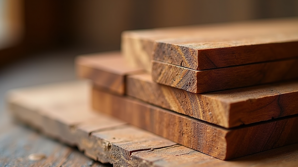 Close-up view of stacked exotic hardwood planks showing rich grain patterns