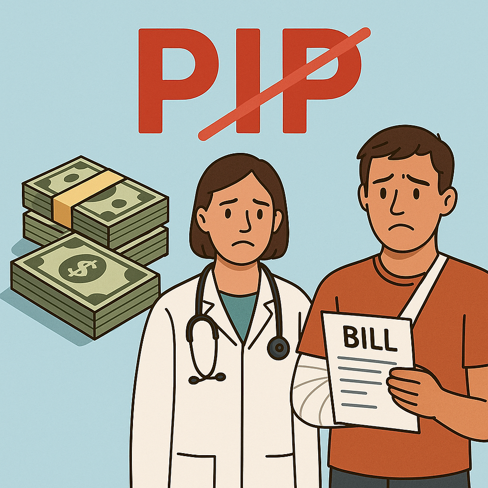 Injured man holding a medical bill with a doctor beside him, stacks of money, and a crossed-out PIP sign showing the high cost of skipping Personal Injury Protection.