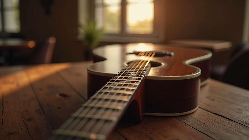 Close-up view of an acoustic guitar resting on a wooden table