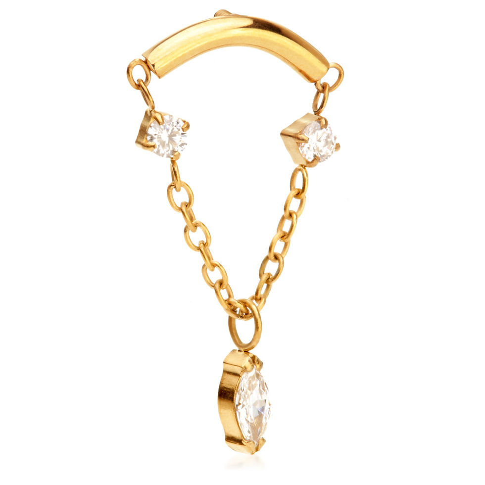 Zircon Gold Ti Internal Curved Bar with Hanging Gem Chain Attachment
