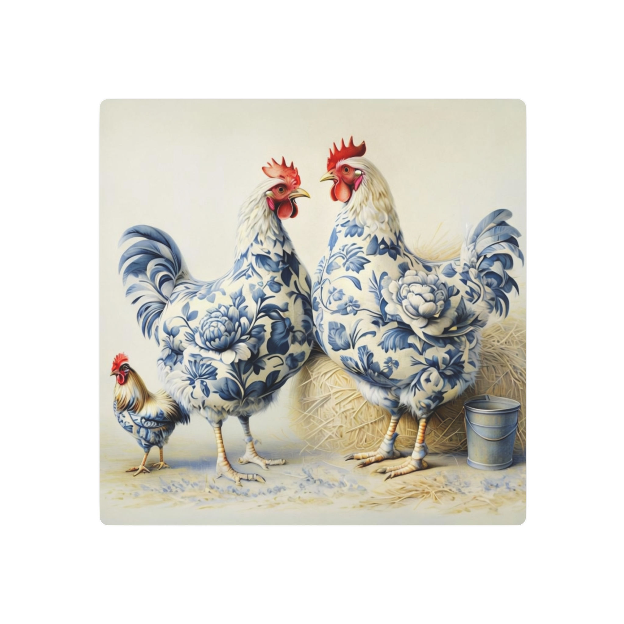 Charming Rustic Metal Art Sign - Blue Floral Roosters Home Decor