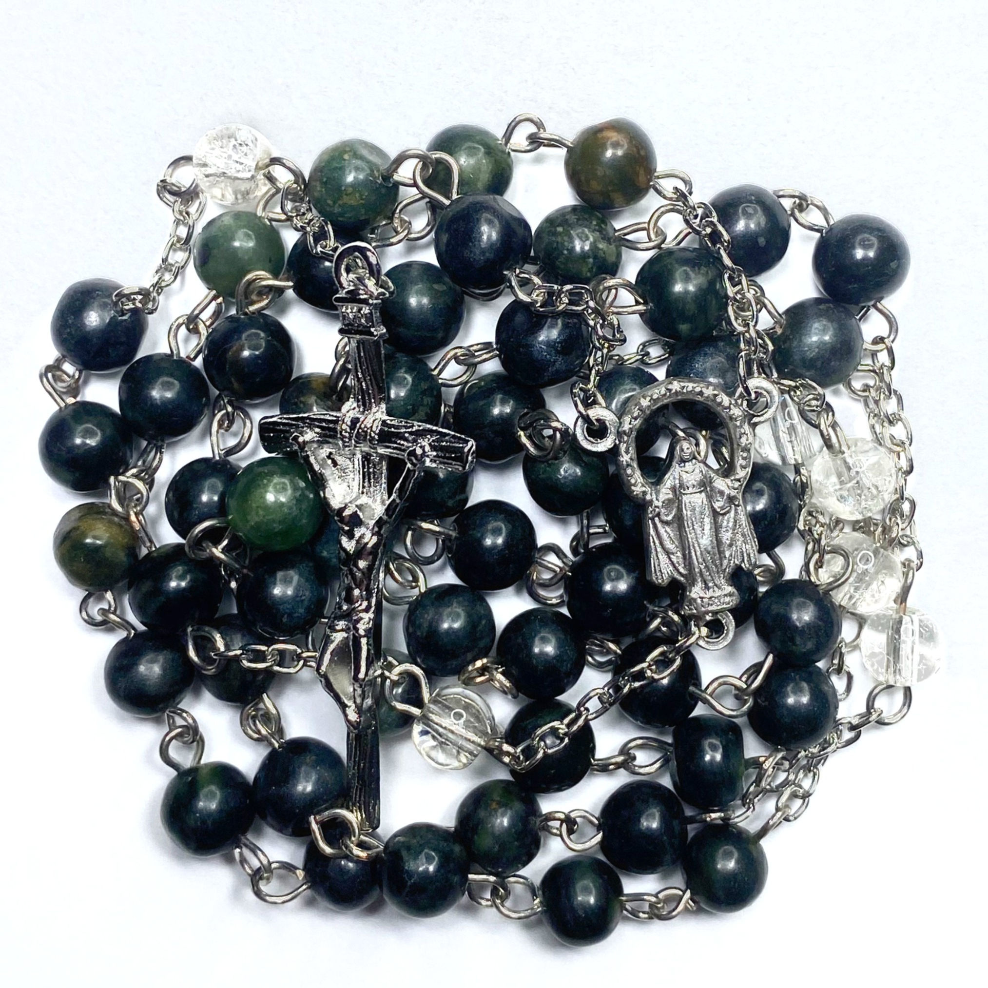 Serpentine Green and Clear 6mm Rosary