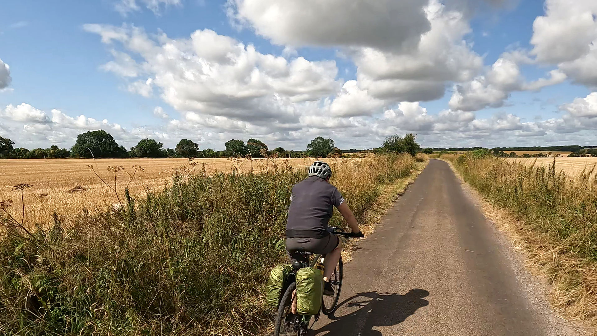 Cyclist on a rural road lined with tall grass; fields and trees under a partly cloudy sky. Green panniers attached to the bike.