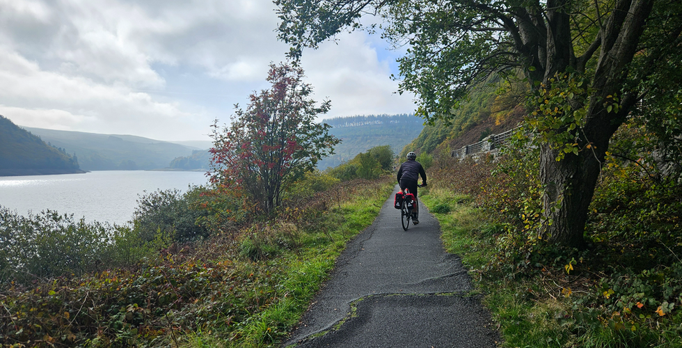 Cyclist with red saddlebags rides on a paved path by a lake, surrounded by trees and hills, under a cloudy sky. Peaceful atmosphere.