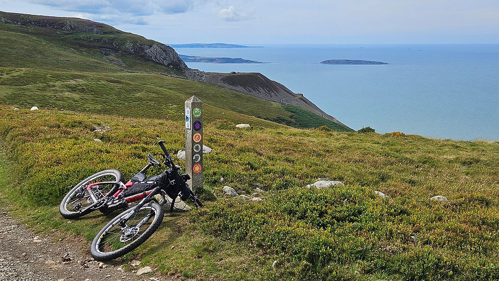 A mountain bike rests beside a trail signpost on a grassy hill with scenic ocean views in the background, set against a partly cloudy sky.