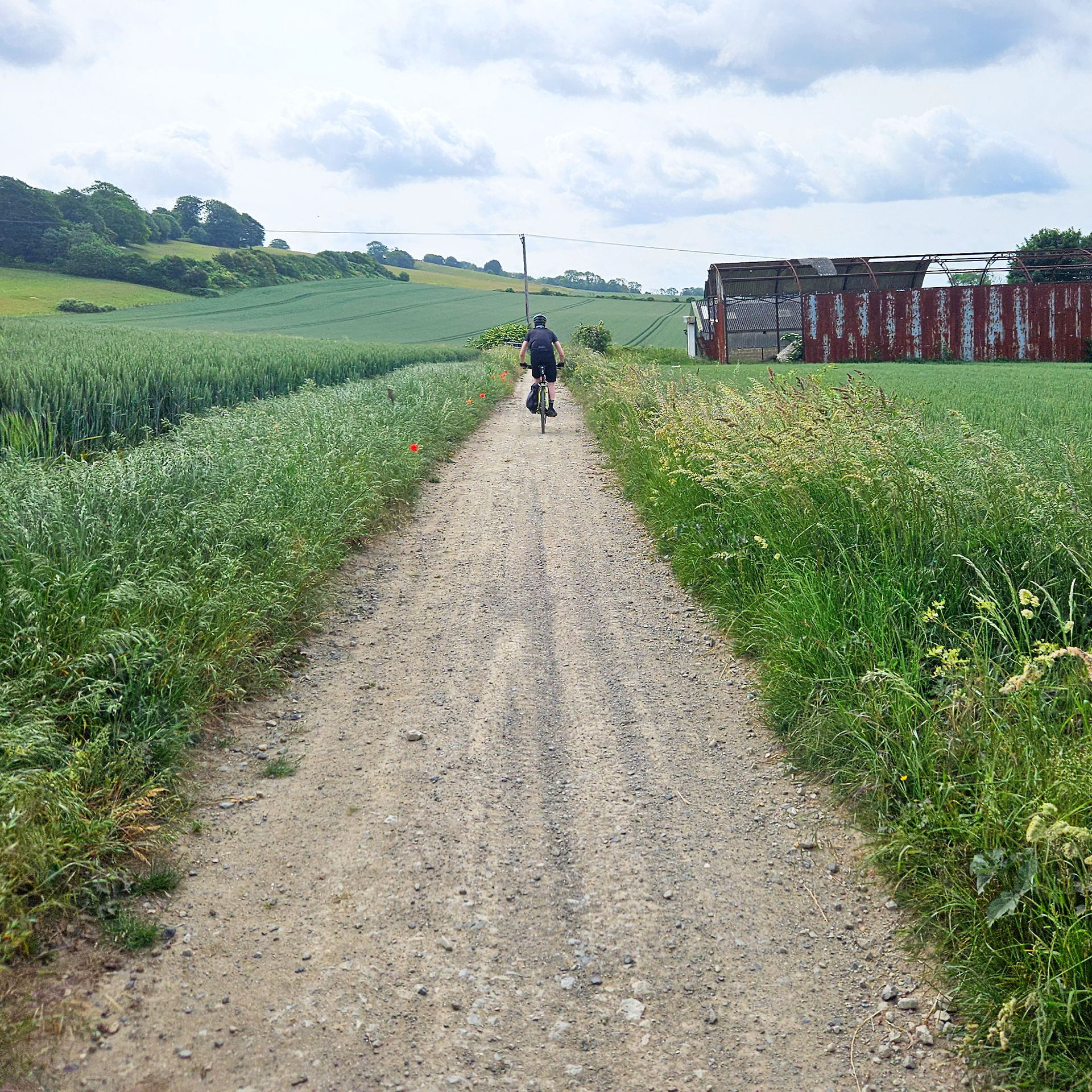Cyclist on a gravel path through green fields, with a rusty barn and cloudy sky in the background. Peaceful rural scene.