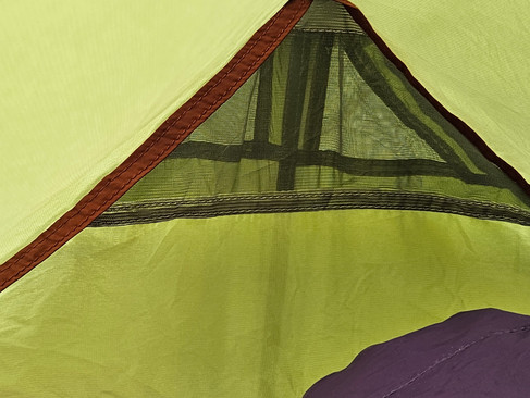 Close-up of a tent's mesh window with green fabric, brown trim, and a partial view of purple material. Sunlight filters through, creating a serene mood.