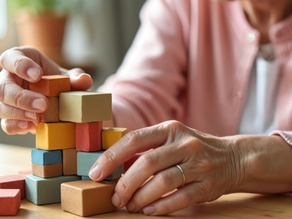An elderly woman with building blocks