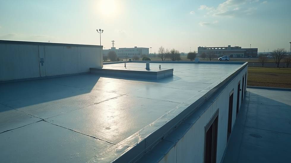 High angle view of a commercial building roof with waterproof coating applied