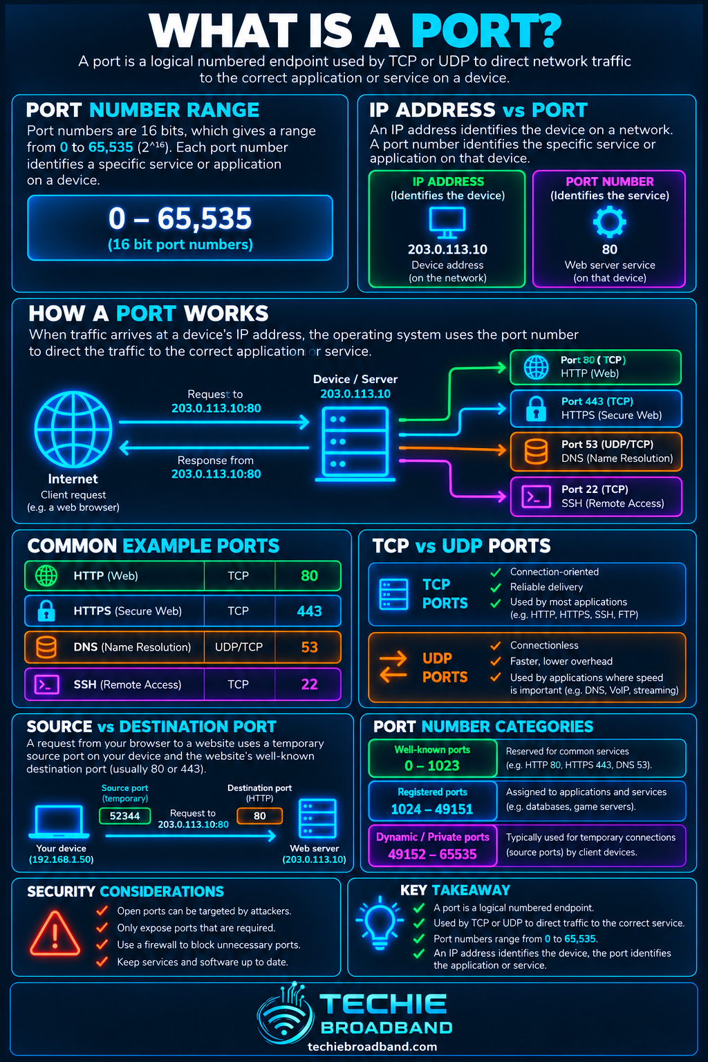 Network port explained with port number range, IP address versus port, TCP and UDP ports, common port numbers, source and destination ports and security considerations