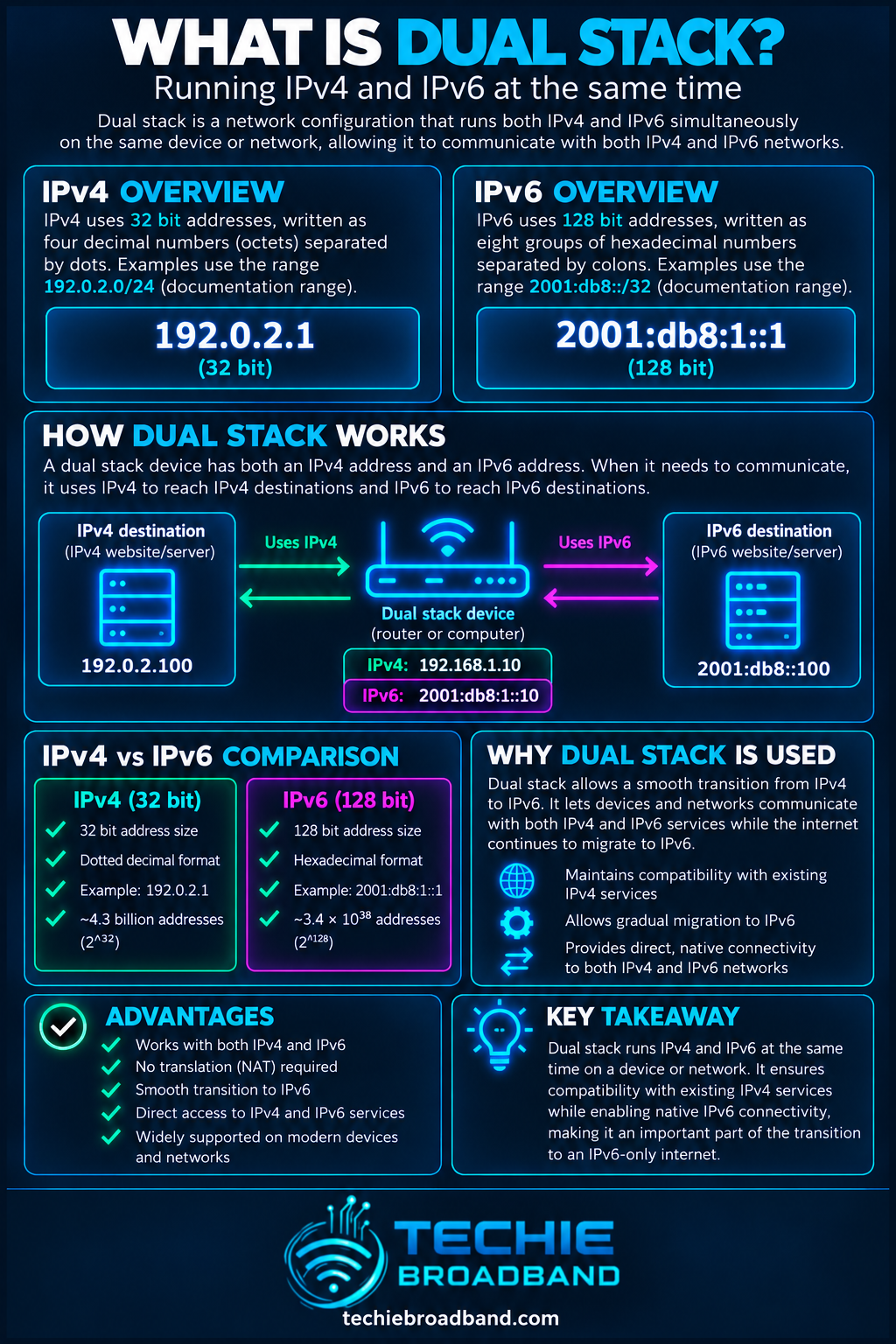 Dual Stack explained with IPv4 and IPv6 running simultaneously, address examples, destination routing, comparison and advantages