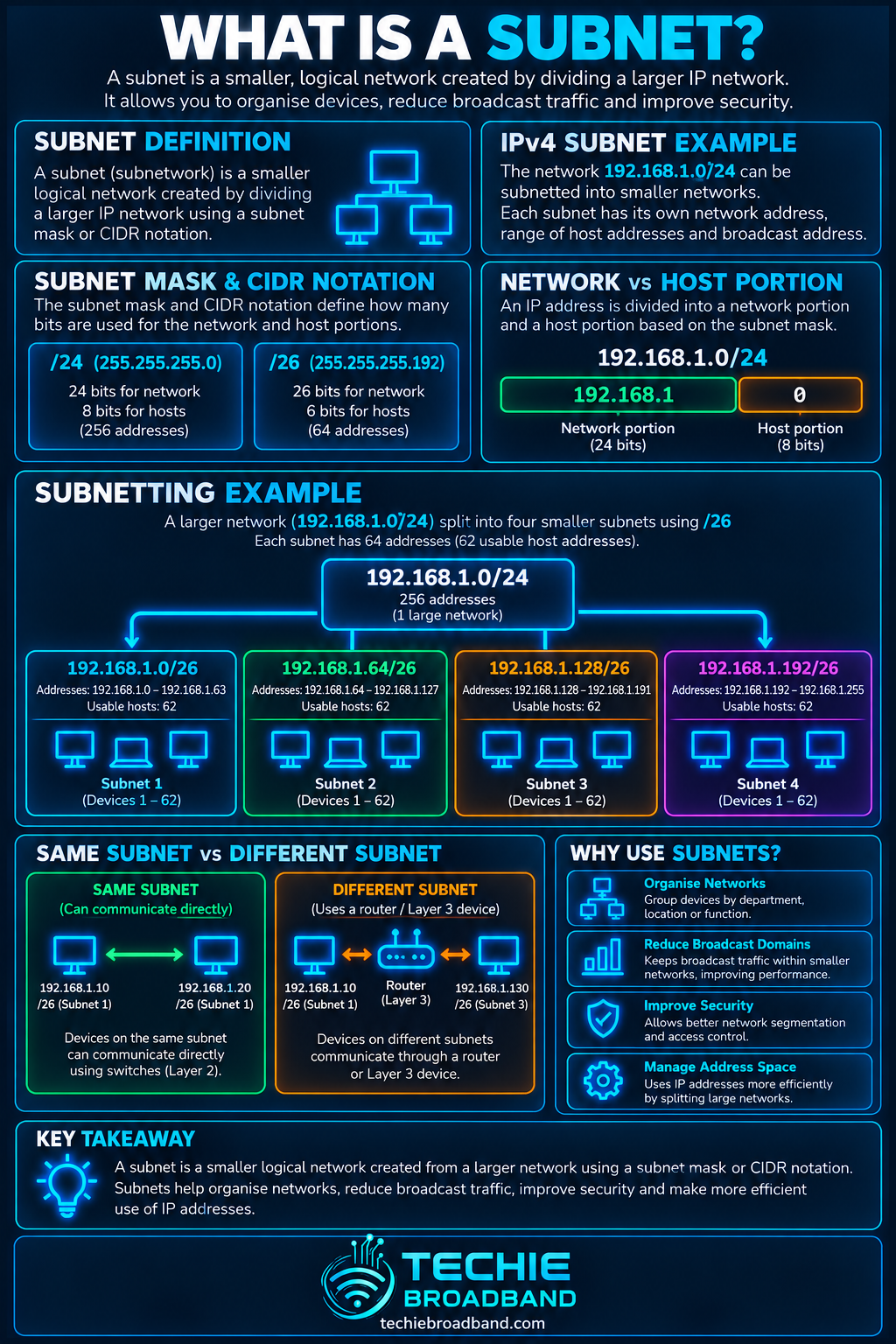 Subnet explained with subnet masks, CIDR notation, network and host portions, a 192.168.1.0 slash 24 subnetting example and same versus different subnet communication