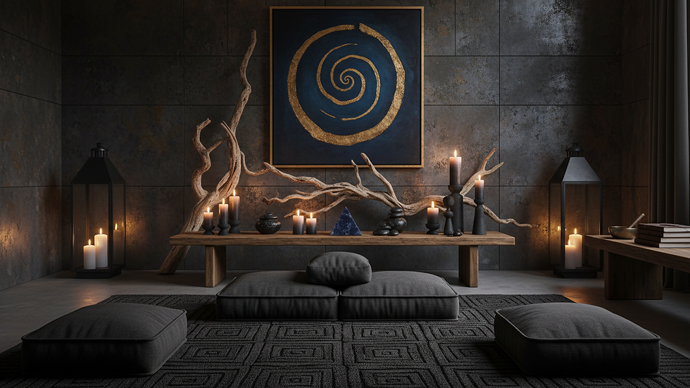 Eye-level view of a meditation space with candles and cushions