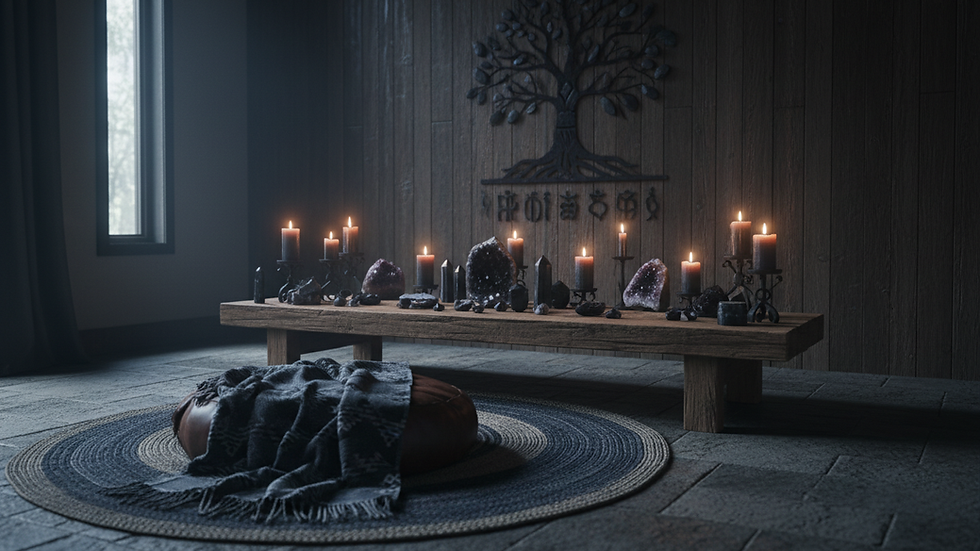 Eye-level view of a serene meditation space with candles and crystals