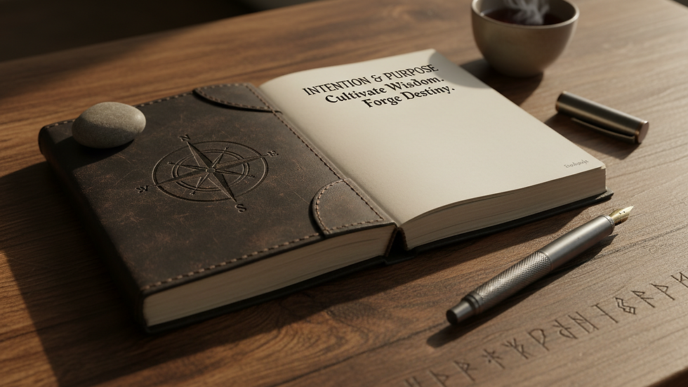 Close-up view of a journal and pen on a wooden table, ready for intention setting
