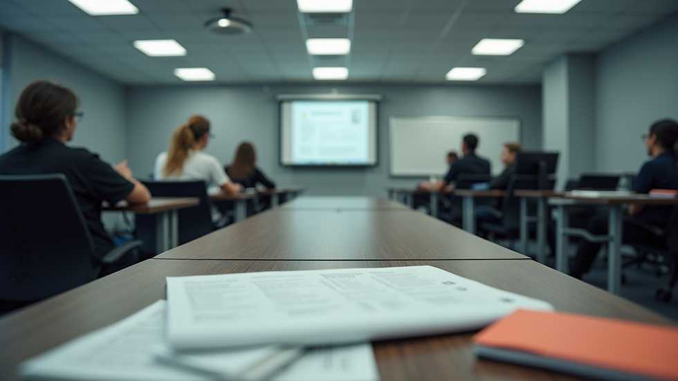 Eye-level view of a truck driving school classroom with training materials