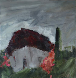 Cottage and Hollyhocks