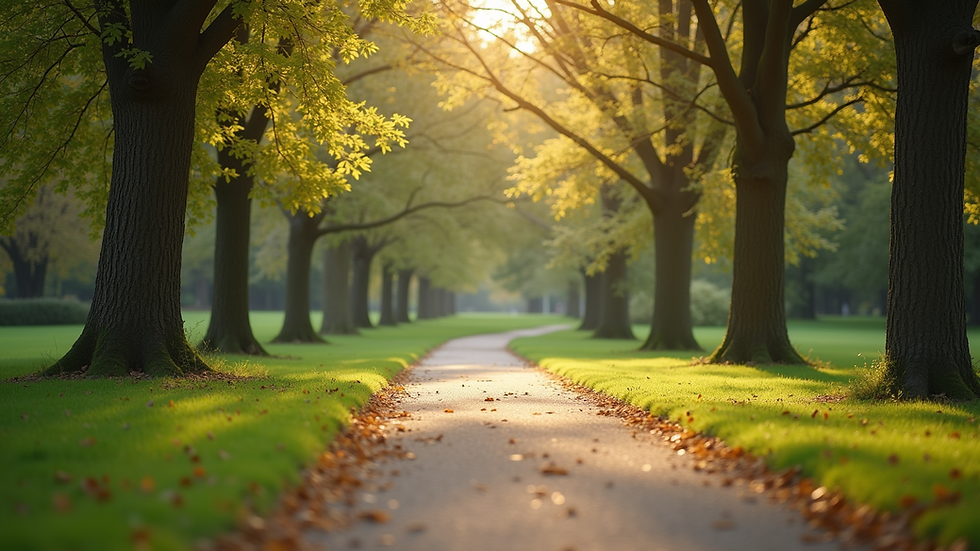 Eye-level view of a serene park with a walking path