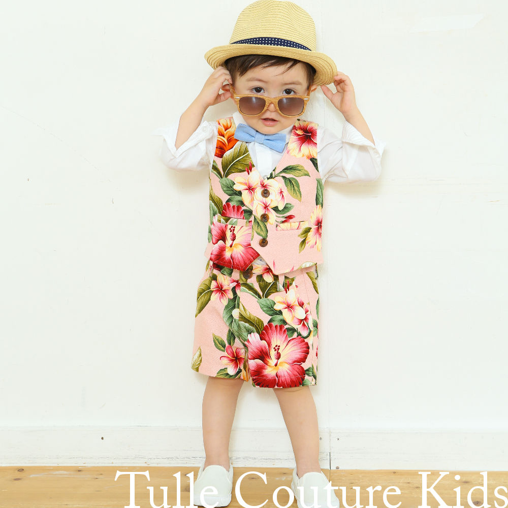 【キッズベスト】アロハ柄　バーククロスピンク