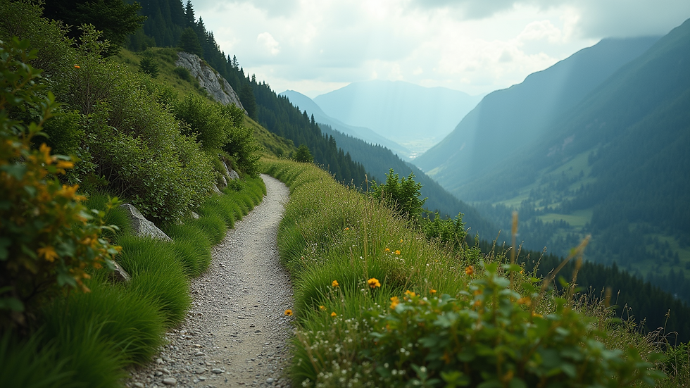 Eye-level view of a winding mountain trail with lush greenery
