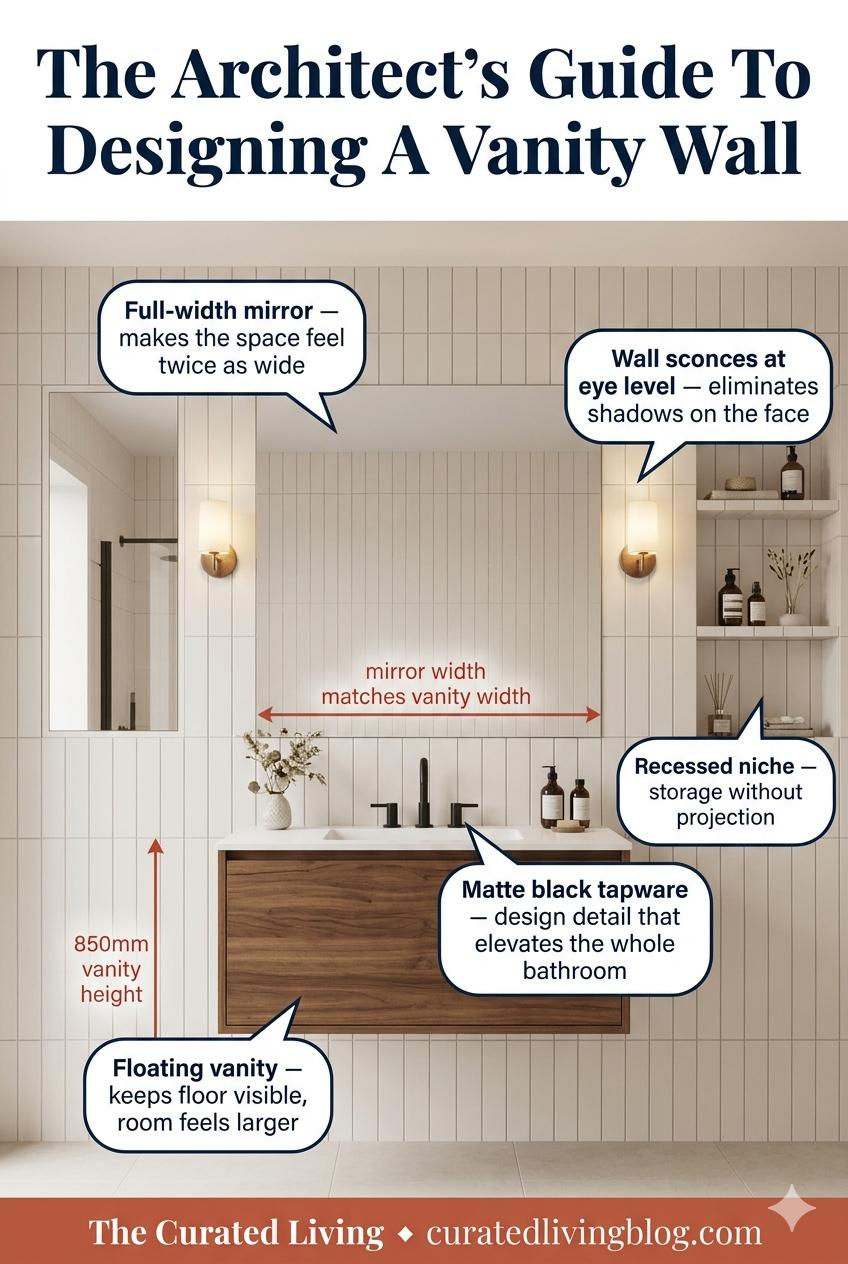 Architect-annotated vanity wall showing full-width mirror, wall sconces at eye level, recessed niche, floating vanity at 850mm height and matte black tapware