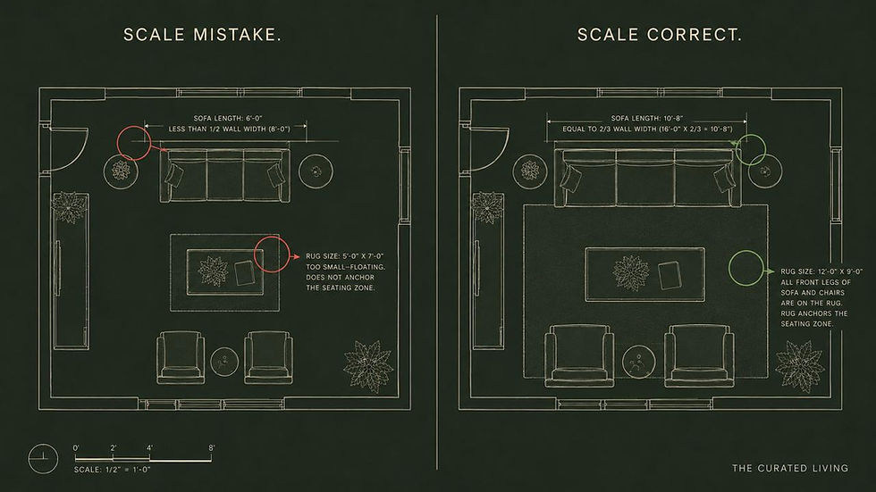 Split living room floor plan comparison showing scale mistake with small sofa and floating rug versus scale correct with sofa at 2/3 wall width and rug anchoring all front legs — The Curated Living