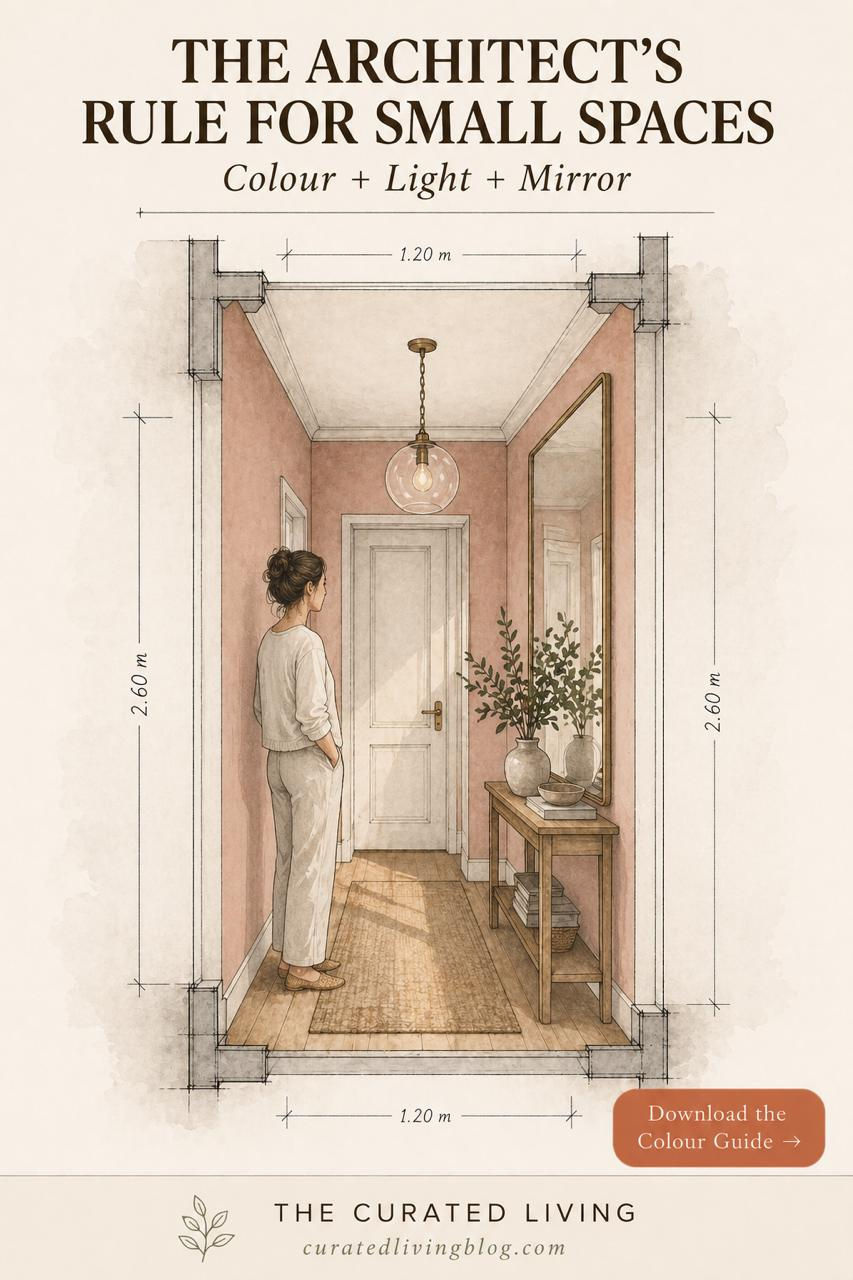 Architect-annotated narrow entryway with warm walls, mirror and pendant light showing colour plus light plus mirror rule for small spaces