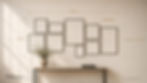 Magazine-worthy gallery wall elevation with ochre dimension callouts showing overall arrangement width 2800mm centre line at 1450mm AFF and 5-8cm frame spacing — The Curated Living