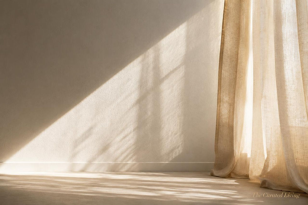 Soft natural light and shadow patterns falling diagonally across a white wall through a sheer linen curtain.