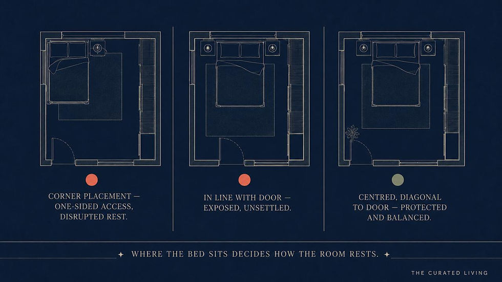 Twilight blue diagram comparing three bed placements — corner placement, in line with door, and centred diagonal to door — The Curated Living