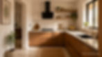 Vastu-friendly modern apartment kitchen with cooking hob in south-east corner, wooden cabinetry, stone countertop and natural light from east window