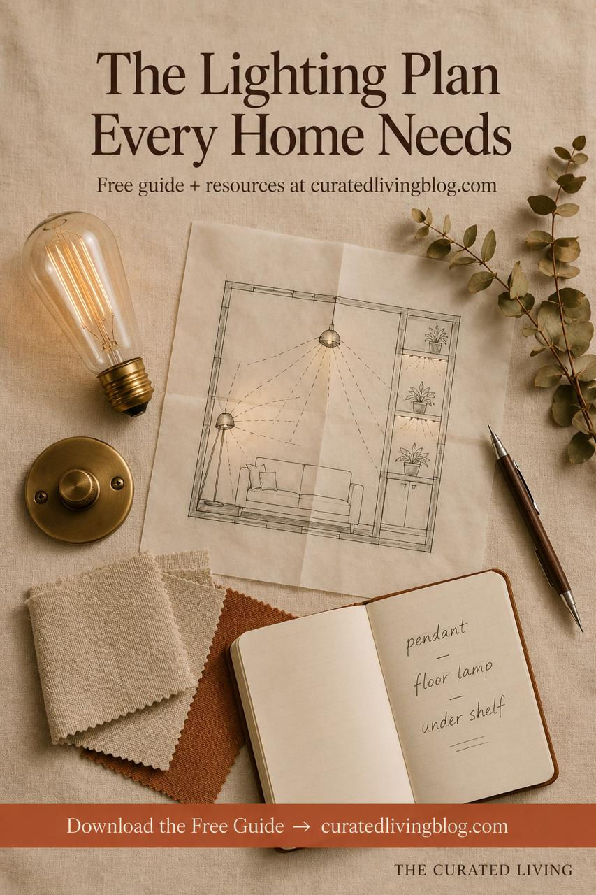 Architect's flat lay with an Edison bulb, brass dimmer switch, lighting plan sketch on trace paper, fabric swatches, mechanical pencil and notebook with handwritten lighting notes — tools for planning home lighting design.