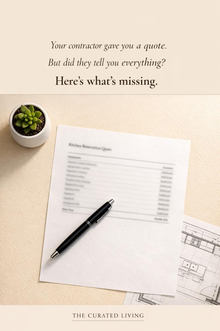 Kitchen renovation quote document with pen and succulent plant — what to check before signing a contractor quote